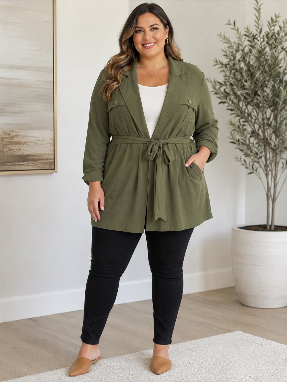 Tie-Waist Plus Olive Green Blazer Jacket 2X